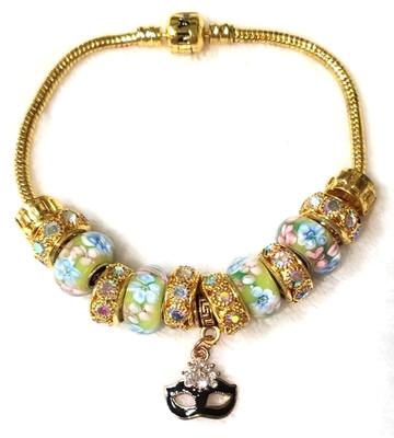 8.3'' Black Mask Dangle Charm Murano Lampwork Glass Bead Spacers Bracelet
