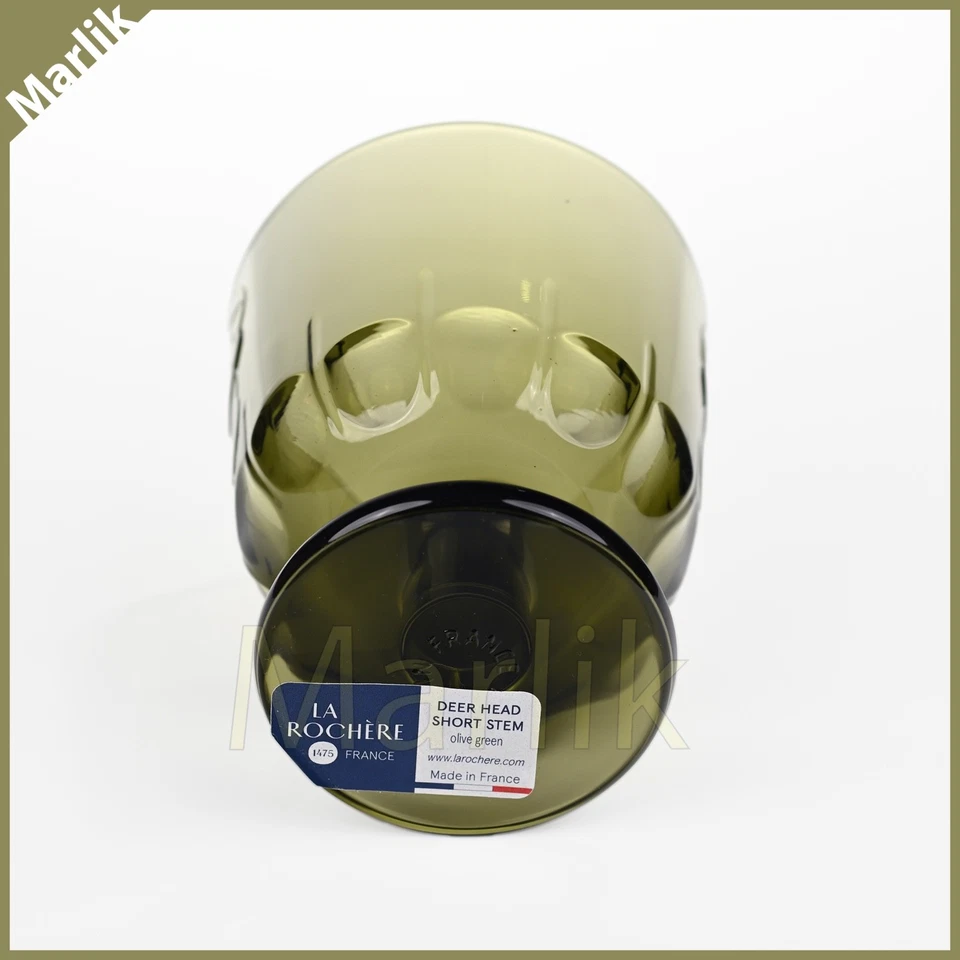 Juego de 6 vasos de vino con cabeza de ciervo LA ROCHERE, verde oliva, tallo corto 4" H Foto 3 de 4