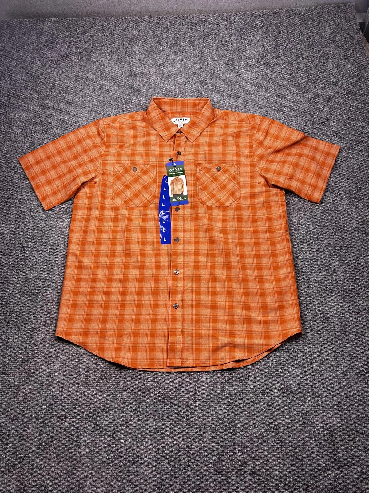 Orvis Shirt Mens Large Orange Plaid Short Sleeve Tech UPF 30 Top Hiking