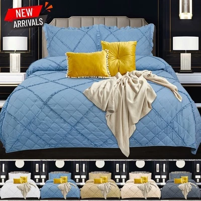 3 Piece Quilted Bedspread Bed Throw Embossed Bedding Set Single Double King Size - Image 1 of 4