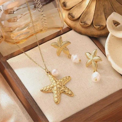 Gold Starfish Pearl Set | Necklace & Drop Earrings | Beach Wedding Jewellery