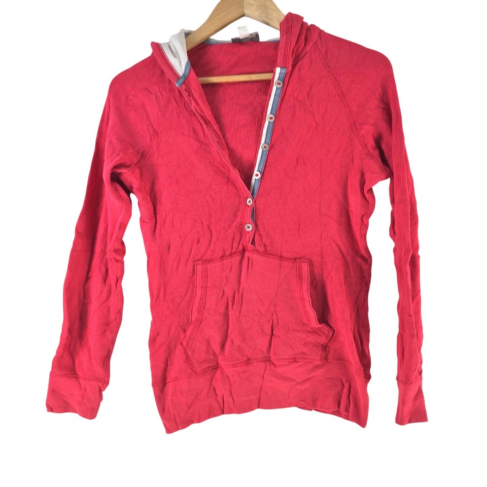 Sussan T-Shirt Womens S Red Hooded Henley Raglan Long Sleeve Vintage Y2k 138940