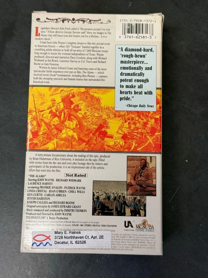 THE ALAMO Original Uncut Version VHS 1995 John Wayne, Frankie Avalon - Image 2 of 4