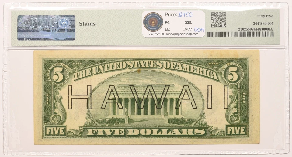 1935A $5 PMG 55 Hawaii WWII Emergency Issue – Fr.2302 About Uncirculated - Image 2 of 2