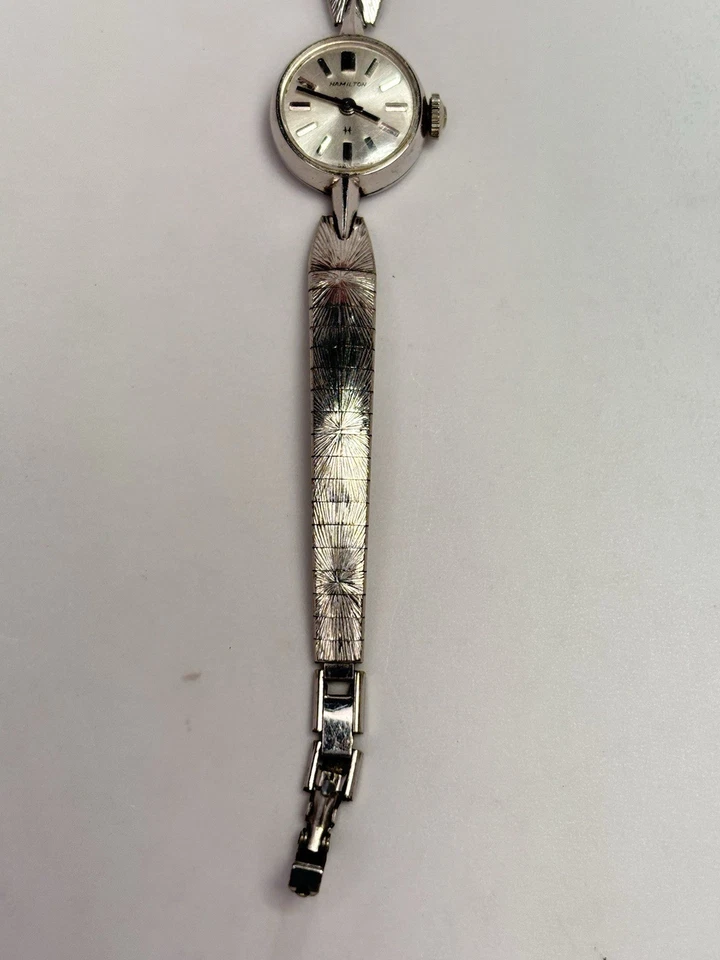 Reloj y correa Hamilton para dama enchapados en oro blanco de 10k, decoración vintage, regalos para ella Foto 4 de 4