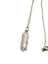 Wire Wrapped Rose Quartz Crystal Pendant Necklace Goldtone Chain 20 inches