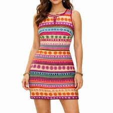 Talbots Sleeveless Knit Mini Dress Size 2  Boho Tribal Multicolor Festival