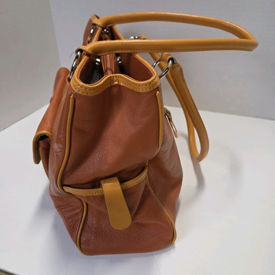 FRANKLIN COVEY Large 2 Toned Orange Full Grain Leather Organizer Satchel Purse  - Image 3 of 4