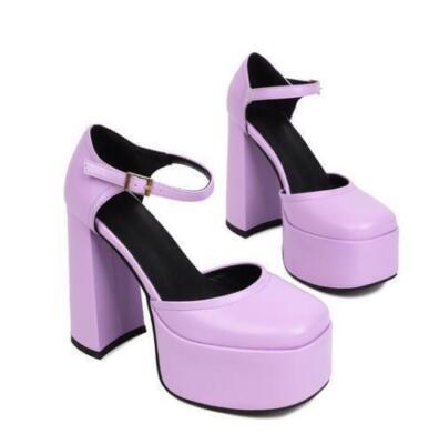 Womens Faux Leather Strap High Heels Round Toe Sandals Work Office Casual  Shoes