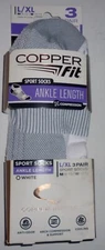 Copper Fit (3) PAIR No Show Compression Socks Copper Infused SZ L/XL White/Grey