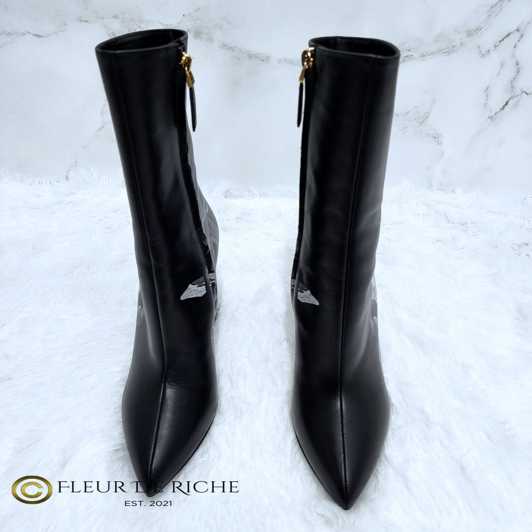 Valentino x Undercover Black Rose Print Leather Pointed Toe Ankle