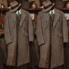 Herringbone Men Long Overcoats Brown Tweed Business Double Breasted Outdoor Wear