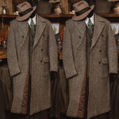 Herringbone Men Long Overcoats Brown Tweed Business Double