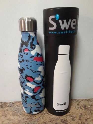 Swell Vacuum Insulated Stainless Steel Water Bottle 17oz, AZURE LEOPARD 