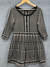 Nina Leonard Sweater Dress Large Beige Black Geometric Crop Sleeves
