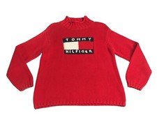 Vintage 90s Y2K Tommy Hilfiger Sweater Mens M Red Spellout Box Logo Knit Mock