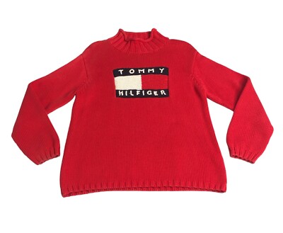 Vintage 90s Y2K Tommy Hilfiger Sweater Mens M Red Spellout Box