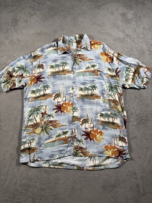 Hollis River Hawaiian Shirt Mens Large Rayon Tropical Cocktails Daiquiris Palm