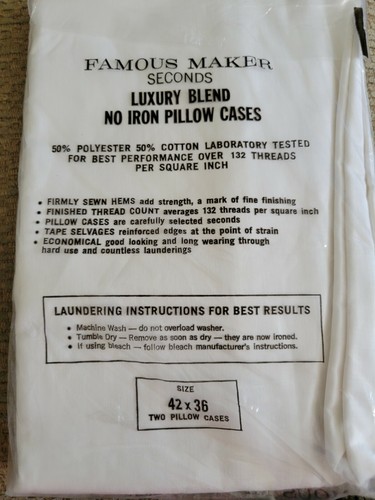 Vintage Famous Maker No-Iron 2 Pk White Pillow Cases Seconds NEW Old Stock - Picture 2 of 2