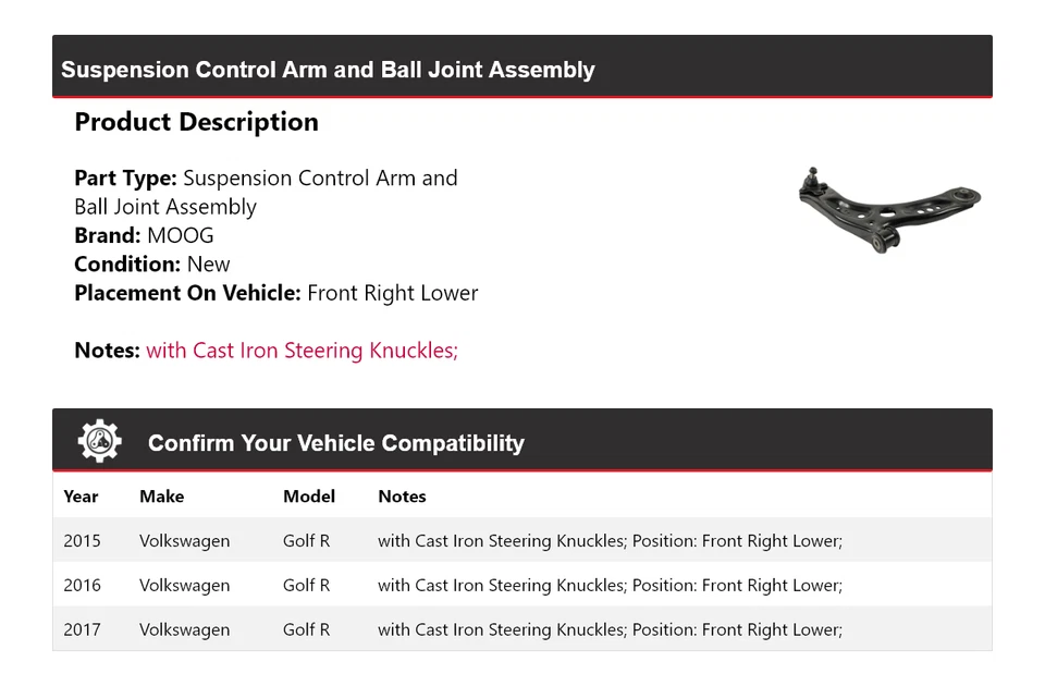 Рычаг управления передний правый нижний для Volkswagen Golf R 2015-2017 годов выпуска MOOG 2015 2016 - Изображение 2 из 4