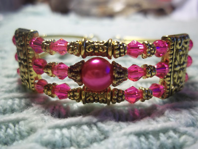 Hot Gold Fashion Memory Wire Jewelry PINK Crystal & Pearl Bead Bracelet E-38