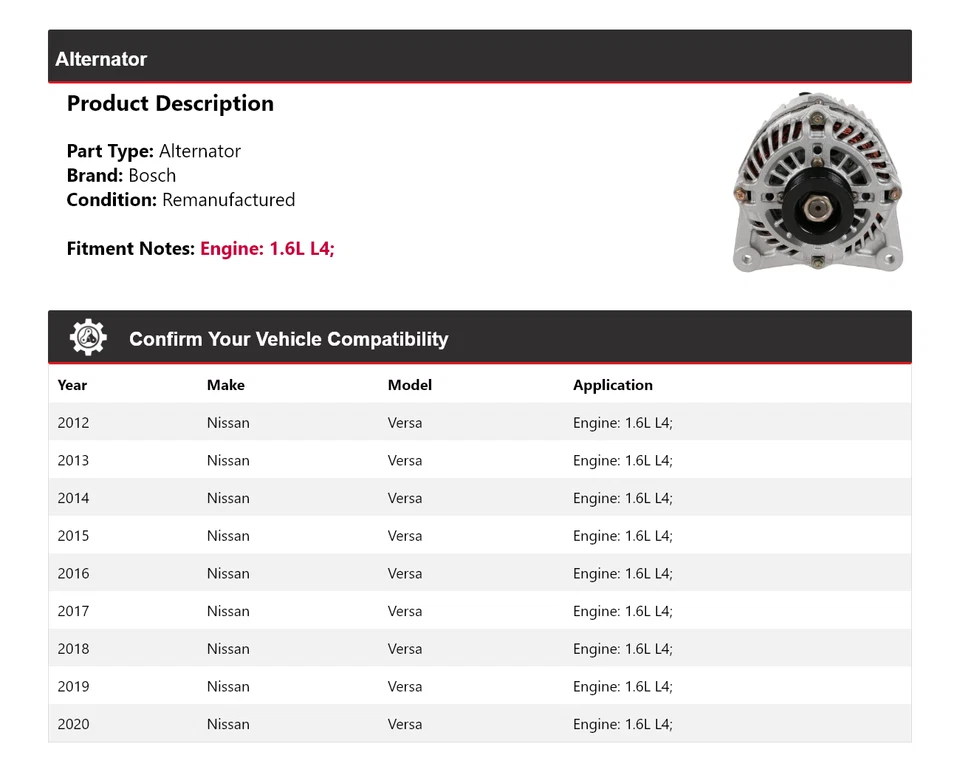 Alternador Bosch Nissan Versa 2012-2020 1,6 L L4 (remanufacturado) 2013 2014 Foto 2 de 4