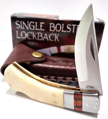 Buck White Bone Hunting Skinning Lockback Folding Pocket Knife + Leather Sheath