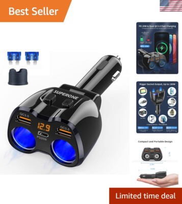 Advanced 180W Car Charger Splitter with LED Voltage Display & Fast USB Charging