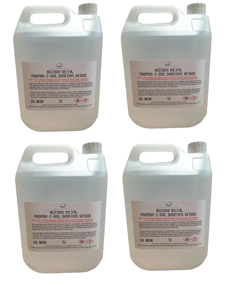 CUSTOM CHEMICAL SUPPLIES PURE ACETONE 20L litres 4 x 5L 99.5% Gel nail polish remover - CHEAPEST
