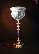 Vintage George-V Art Deco C-1920 silver-plated table lamp handmade Opaline shade