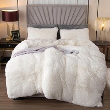 EMME Plush Shaggy White Duvet Cover Set Queen Size Full/Queen, 01-furry-white