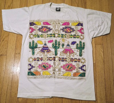 Vintage 90s Screen Stars Native Cactus Art T-Shirt Size Large Single Stitch 