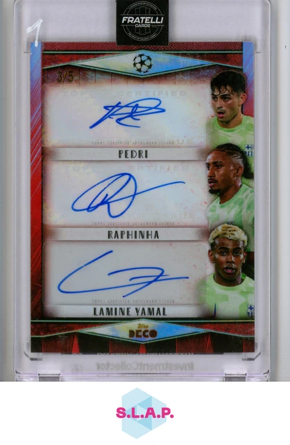 PEDRI, RAPHINHA, LAMINE YAMAL TRIPLE AUTO TOPPS DECO 3/5 2025 UCL FC BARCA EN