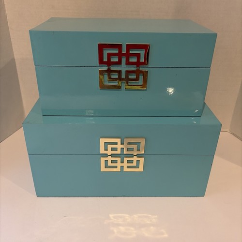 Z Gallerie Ming Lacquer Boxes Set of 2 Aquamarine Gold Medallion Pair