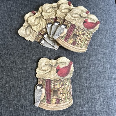 Set Of 6 Bonnie Runge Large Cork Coasters Birds Indian Corn Chickadee Cardinal
