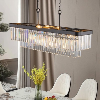 34'' K9 Crystal Chandelier Modern Black Rectangle Ceiling Pendant Light Fixtures