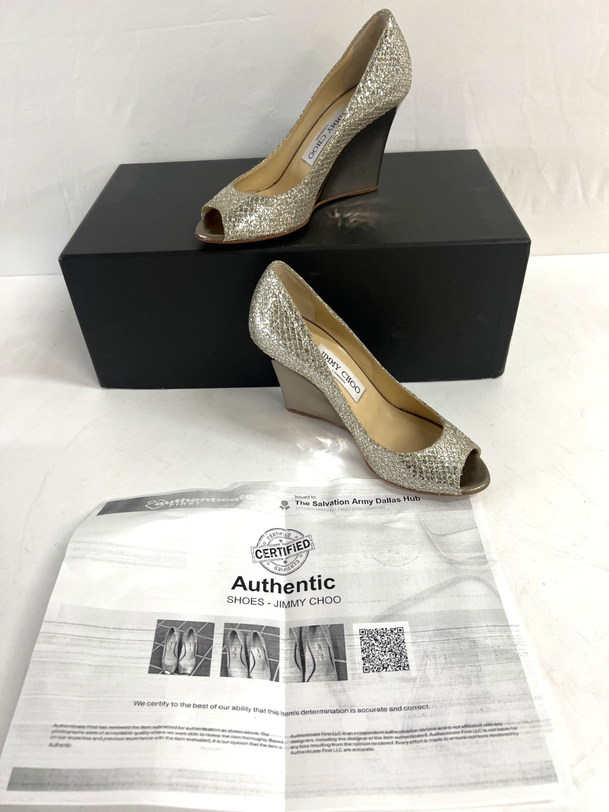 JIMMY CHOO Bello Wedge Pumps Champagne Glitter Sz 35.5 w/ COA