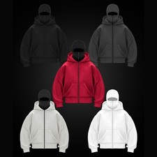 Winter Men Balaclava Hoodie With Mask, Zip Up Sweatshirts,Double Hood Jackets