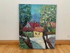Village Landscape Impasto Oil Painting On Canvas Abstract Houses Artwork