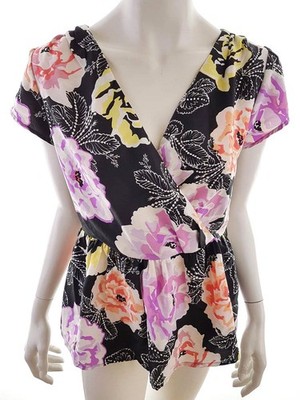 DOROTHY PERKINS Damen Wickelbluse Gr. 40 Schwarz Kurzer Ärmel V-Ausschnitt