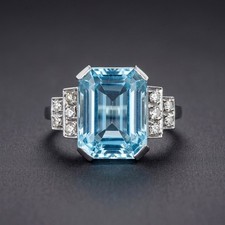 Antique Art Deco era French wrok 3ct Aquamarine Diamond 18K White Gold Ring