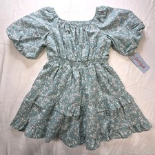 Cat  Jack Girls Fit  Flare Green Floral Puff Sleeve Dress XS 4/5 