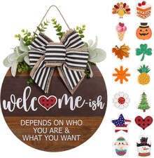 Interchangeable Seasonal Welcome Sign for Front Door, Rustic round Wood Wreath f