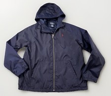Polo Ralph Lauren Boys M 10-12 Navy Hooded Windbreaker Rain Jacket Full Zip Pony
