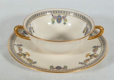 RARE ANTIQUE LENOX THE COLONIAL 2 HANDLE BOUILLON CUP SAUCER SET LG FLAT DECO IN