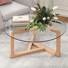 Round Glass Coffee Table Modern Cocktail Table Easy Assembly with Tempered Glass