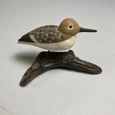 Vintage Carved Sandpiper On Driftwood 7x5 Inches