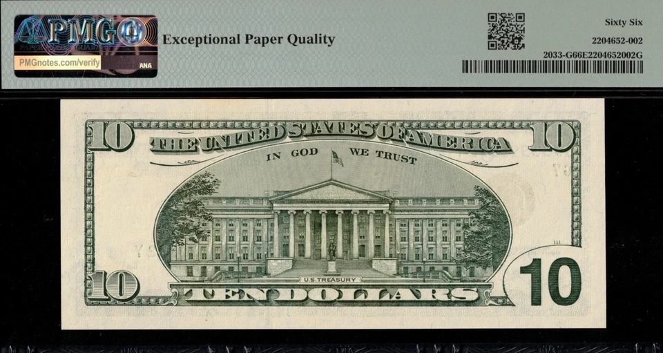 1999 $10 FRN BG99999992Y P.M.G #66EPQ - Image 2 of 3