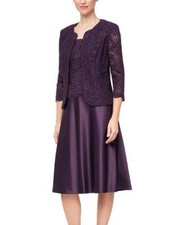 ALEX EVENINGS 8P Eggplant Glitter Lace  Satin Jacket Dress NEW 219