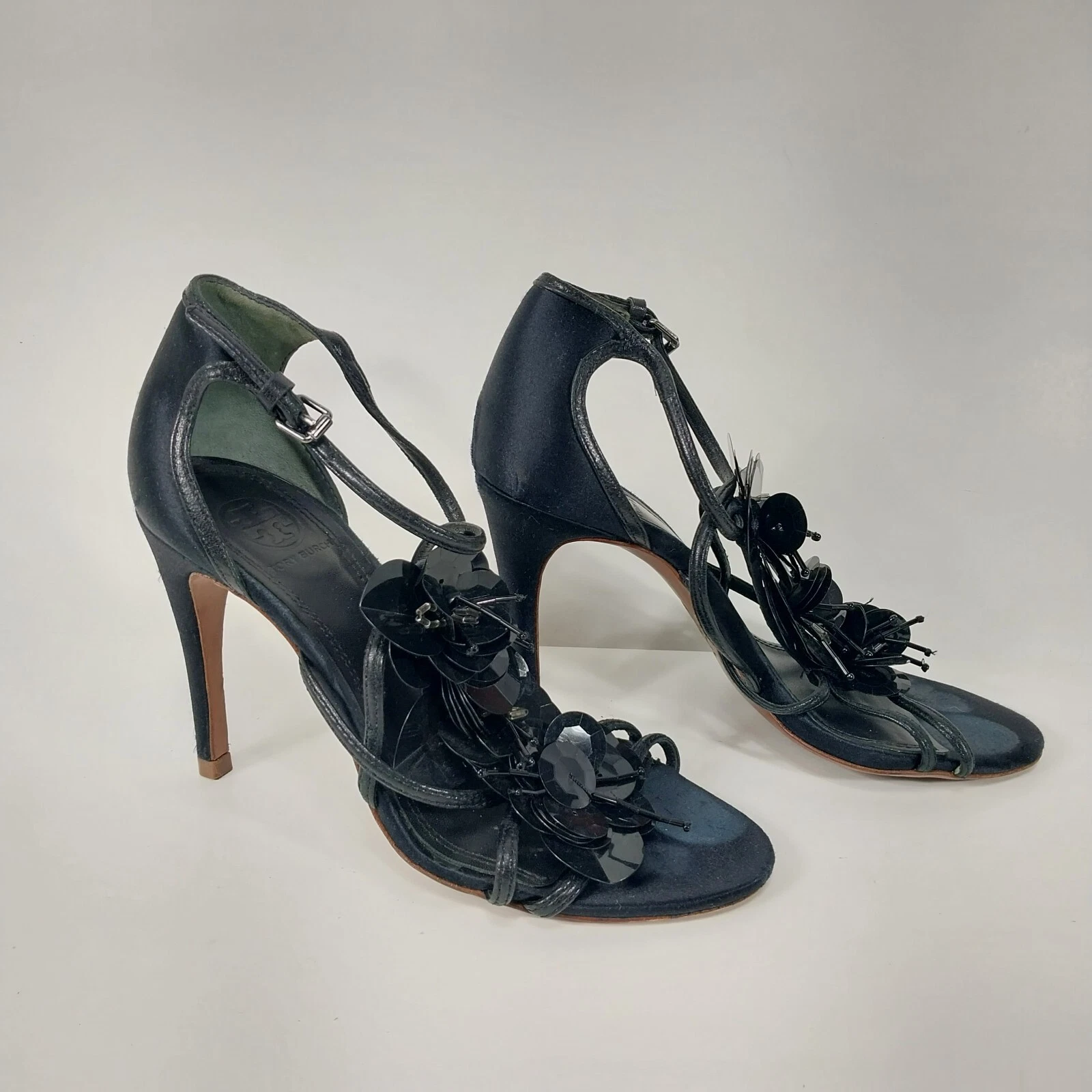 TORY BURCH Sandali 5 Emmanuelle neri tacco alto cinturino stiletto paillettes fiori